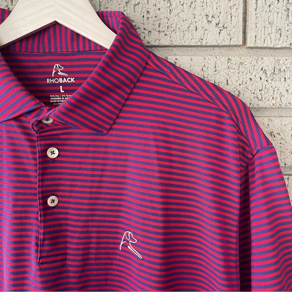 Rhoback The Birdie Stripe Performance Polo in Cardinal Red/Fleet Navy Size Large - Picture 4 of 6